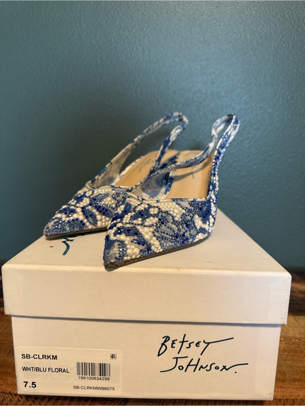Betsey Johnson Blue and White Beaded Floral Slingback Heels